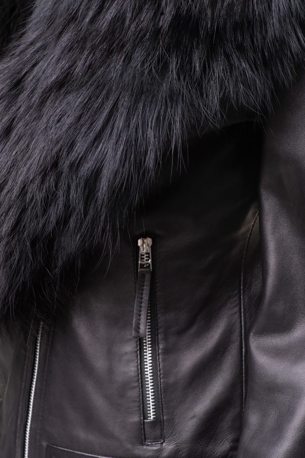 Women’s Leather Jacket With Large Black Fur Shawl - Image 5