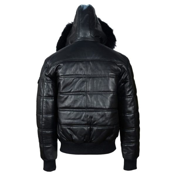 Ash Black Hooded Puffer Leather Jacket With Fur Trim - Image 5