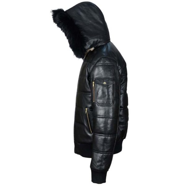 Ash Black Hooded Puffer Leather Jacket With Fur Trim - Image 6