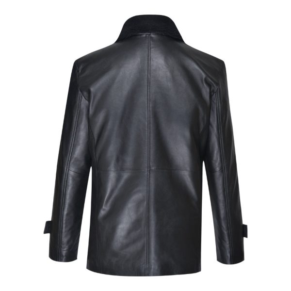 Eric's black leather car coat with fur collar - Image 2