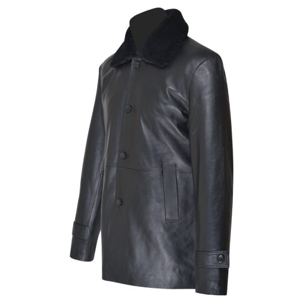 Eric's black leather car coat with fur collar - Image 3