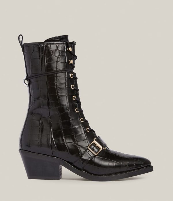 Kaylee black leather croc boots for women - Image 2