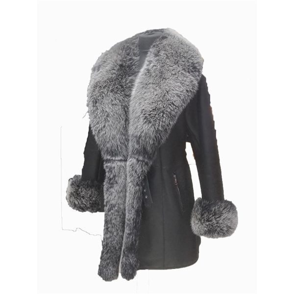 Stella black shearling coat with fox fur trim - Image 3