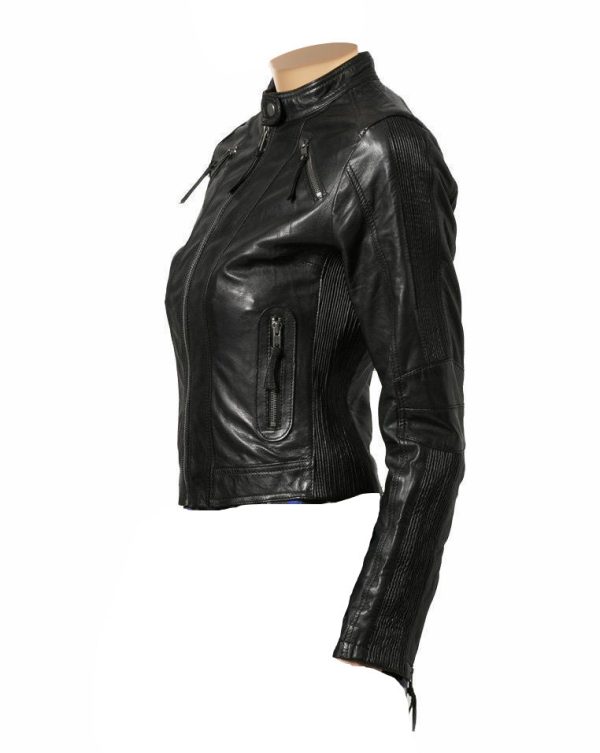 Women’s Cropped Café Racer Leather Jacket With Band Collar - Image 3